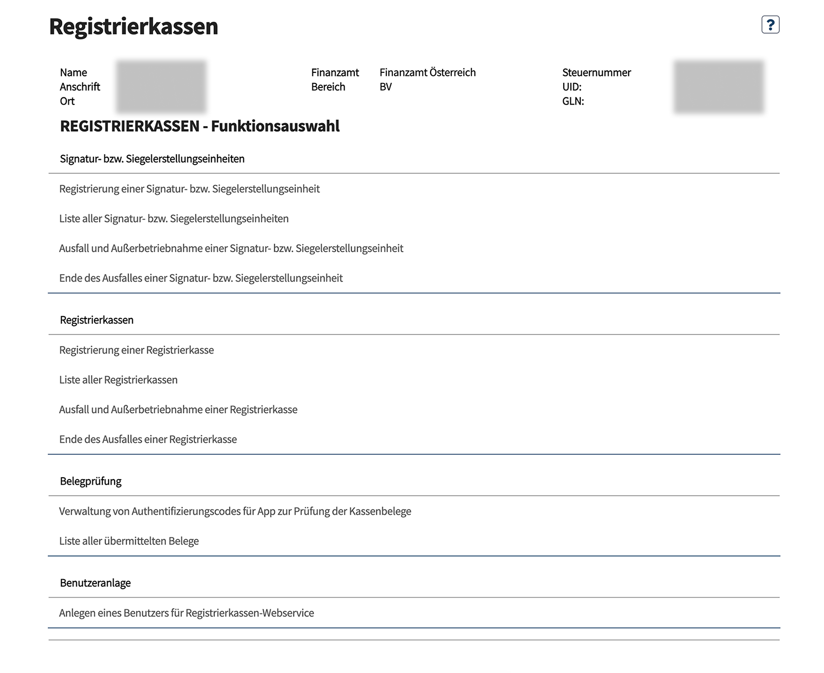 Registrierkassen Funktionsauswahl