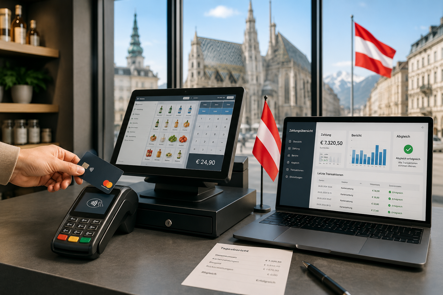 Kartenzahlung und Zahlungsabwicklung im Kassensystem: Zahlung, Bericht und Abgleich in Österreich